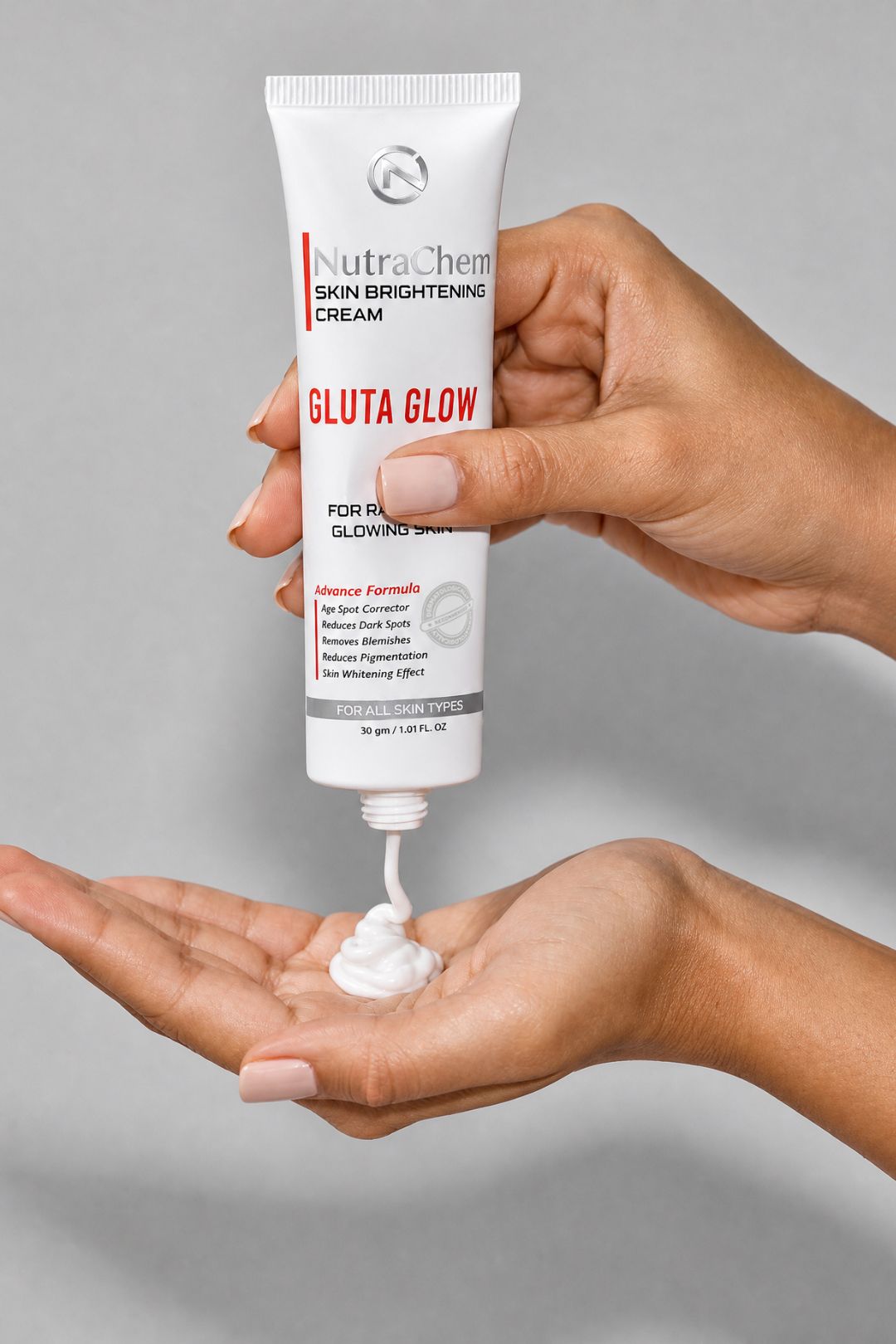 Professional cosmetic campaign photography of model holding skincare cream tube