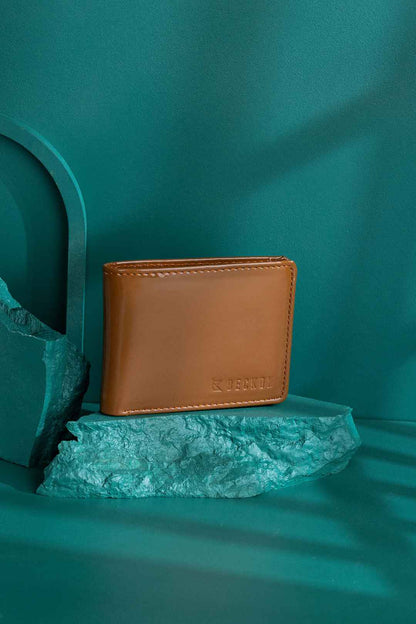 creative studio shot of brown leather wallet on placed on stone surface teal background