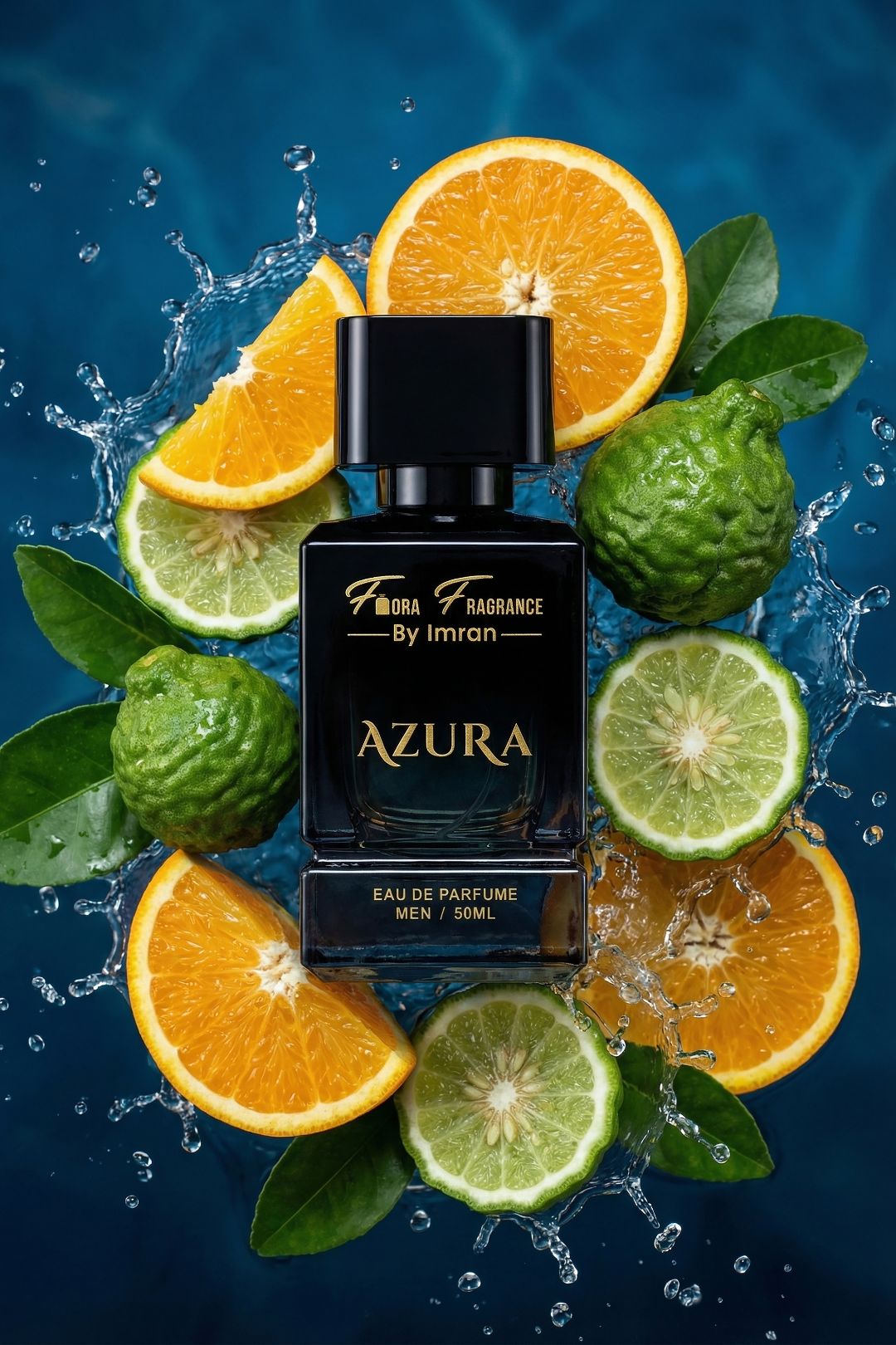 Citrus flat lay fragrance product photography composition
