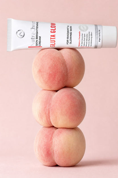 Creative skincare product photography with peaches and cosmetic tube balancing setup