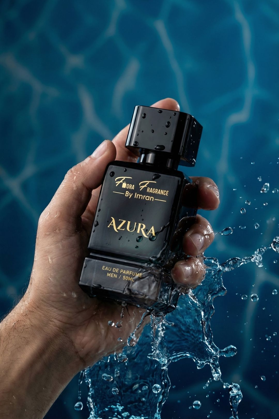 Handheld perfume lifestyle product photography with splash effect
