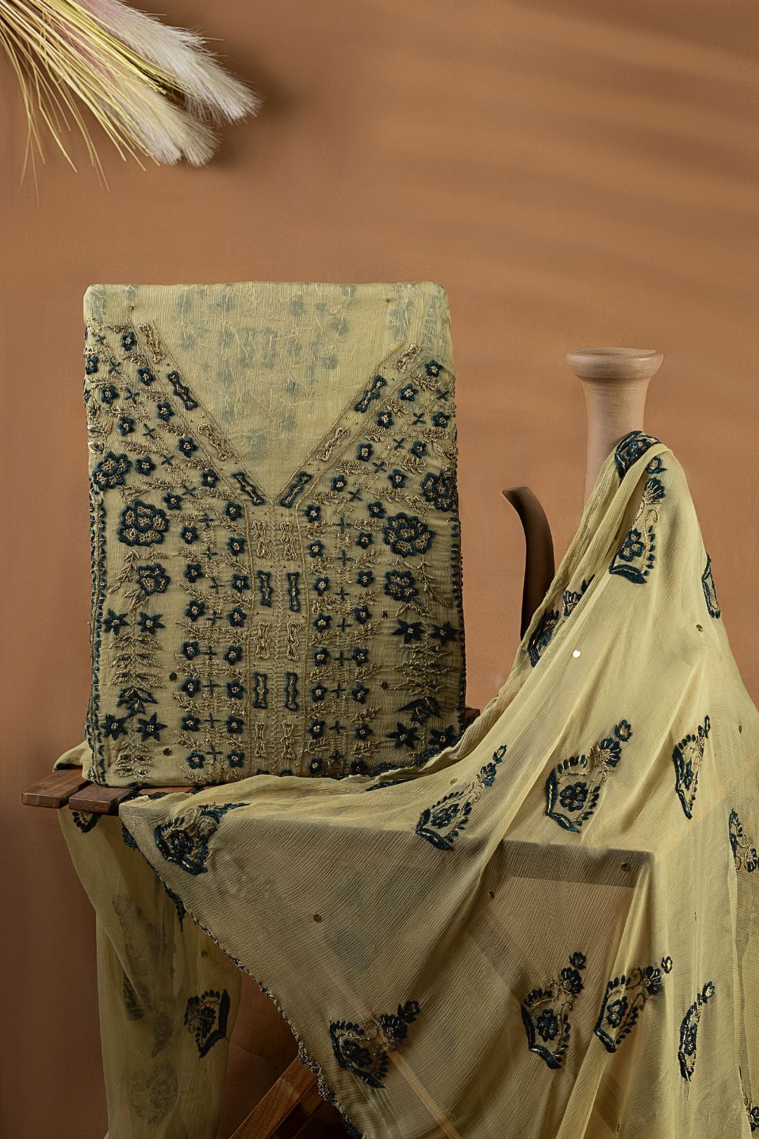 ladies green shafoon unstitched studio shoot brown background