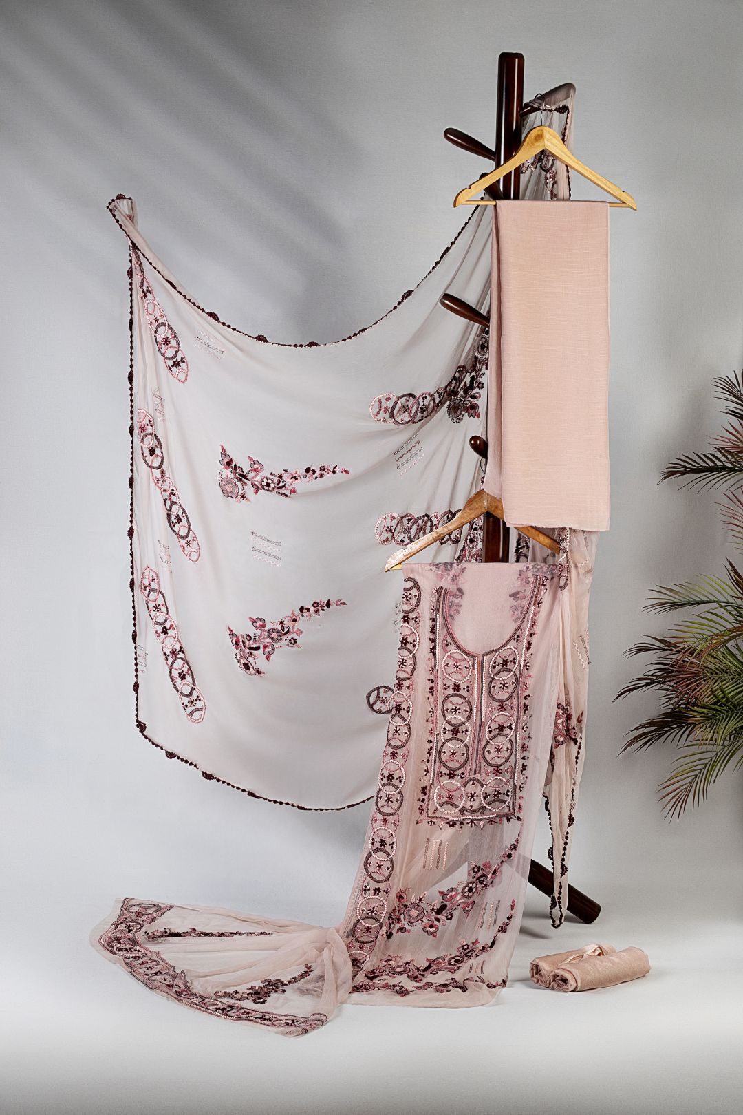 ladies pink shafoon unstitched fashion photography grey background