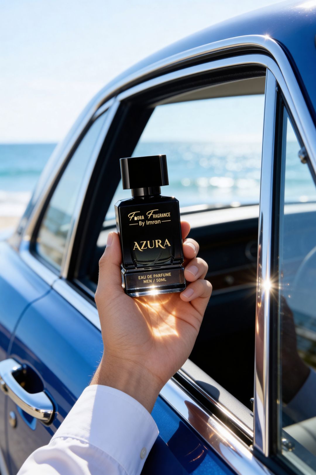 lifestyle fragrance photography near luxury car