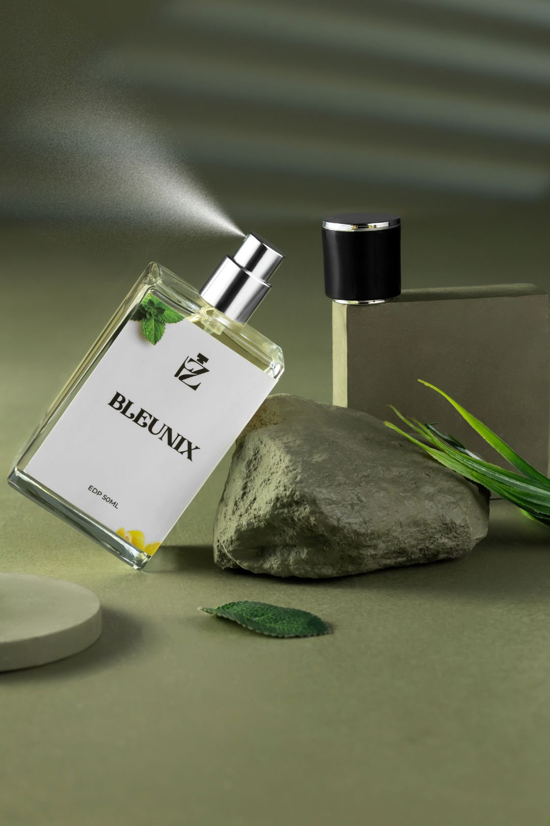 perfume bottle action shot on green background sprinkle effect